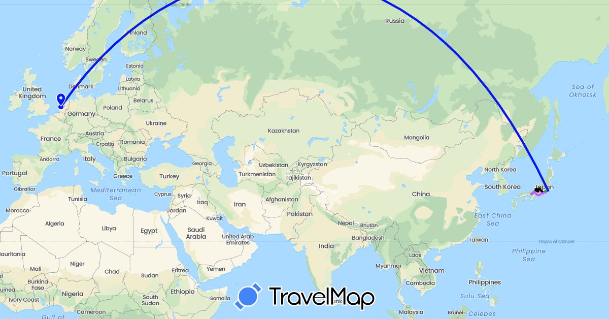 TravelMap itinerary: driving, bus, wandelen, metro, vliegtuig, taxi, auto, shinkansen in Japan, Netherlands (Asia, Europe)