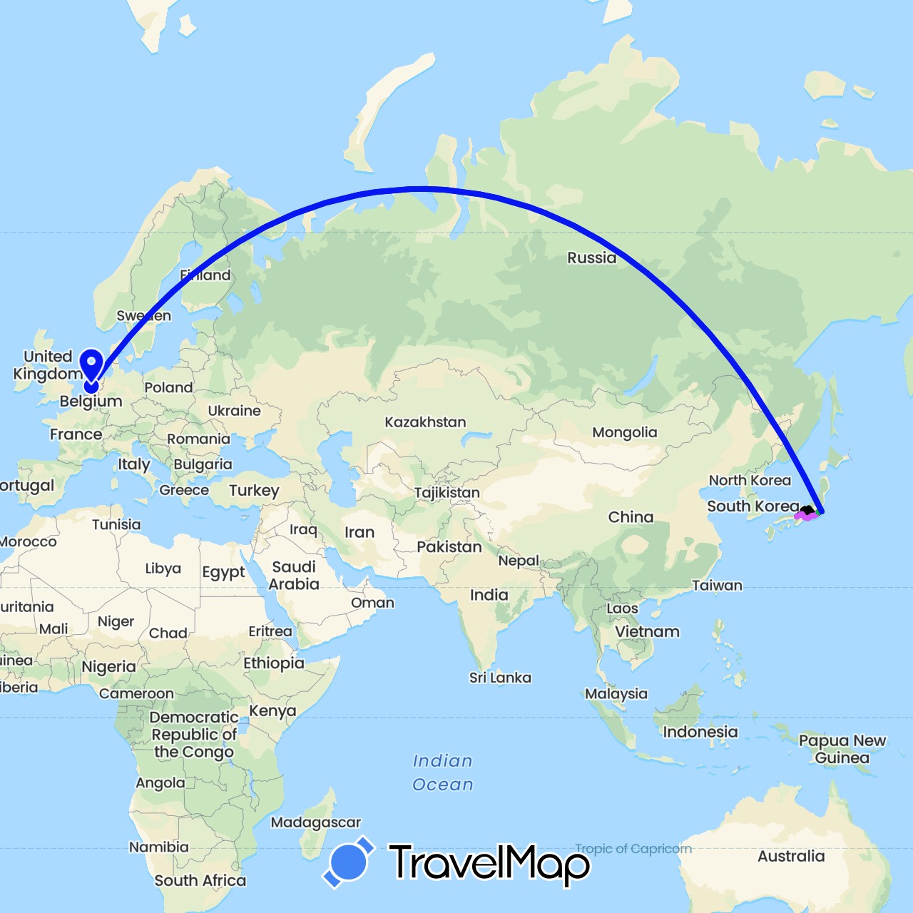 TravelMap itinerary: driving, bus, wandelen, metro, vliegtuig, taxi, auto, shinkansen in Japan, Netherlands (Asia, Europe)